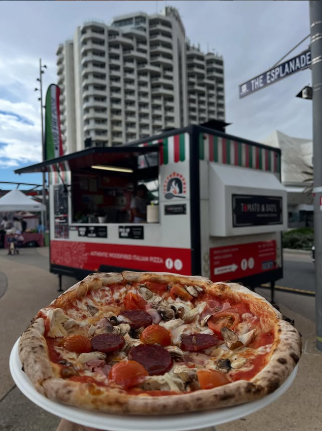 Tomato & Basil Pizzeria mobile food truck serving authentic Italian wood-fired pizza in Perth